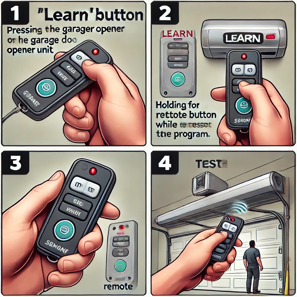 Step-by-step instructional image showing how to program a garage door remote, including pressing the 'Learn' button, syncing the remote, and testing the garage door opener.