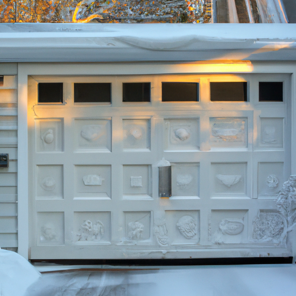 Snow-covered residential garage door in Concord, Massachusetts with ice buildup on tracks after a Nor’easter