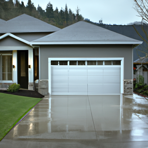 Modern insulated steel garage door on a wet driveway in suburban Issaquah with low overcast sky and distant hills.