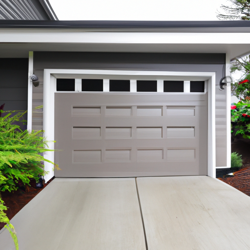 Insulated sectional garage door on a wet Issaquah home exterior with new seals and evergreen landscaping.