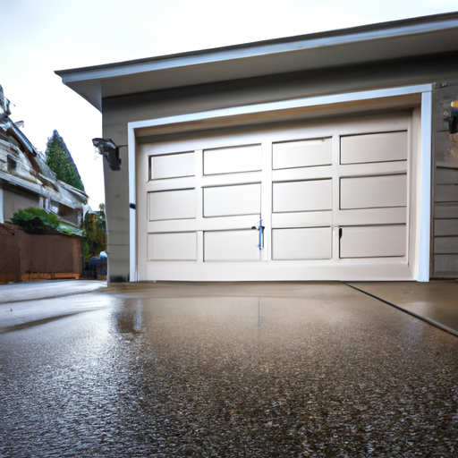 Wide-angle view of a modern residential garage door in Issaquah, WA, with visible tracks and weatherseal on a wet driveway