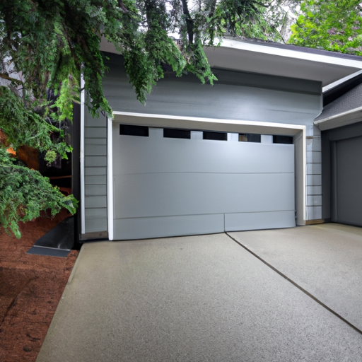 Issaquah suburban home with contemporary insulated garage door on a wet Pacific Northwest day.