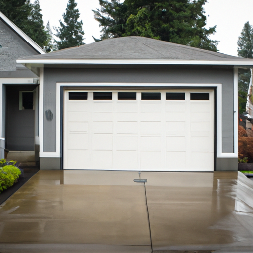 Suburban Issaquah home with an insulated garage door, evergreen backdrop, cloudy sky, wet pavement.