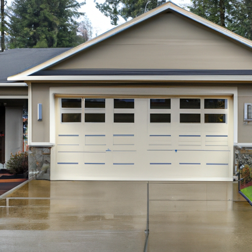 Modern suburban garage door in Issaquah, WA on a damp morning with evergreen landscaping and no people.