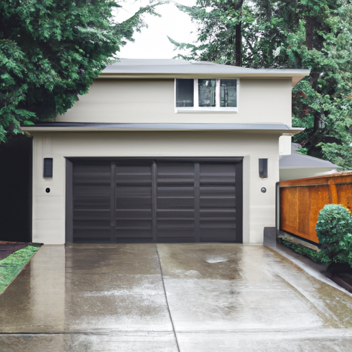 Residential garage door in Issaquah, WA slightly open on a wet, cloudy day with trees in background.