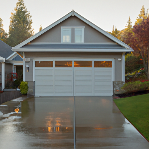 Suburban Issaquah home with a modern steel garage door on a slightly wet driveway, distant mountain backdrop, no people.