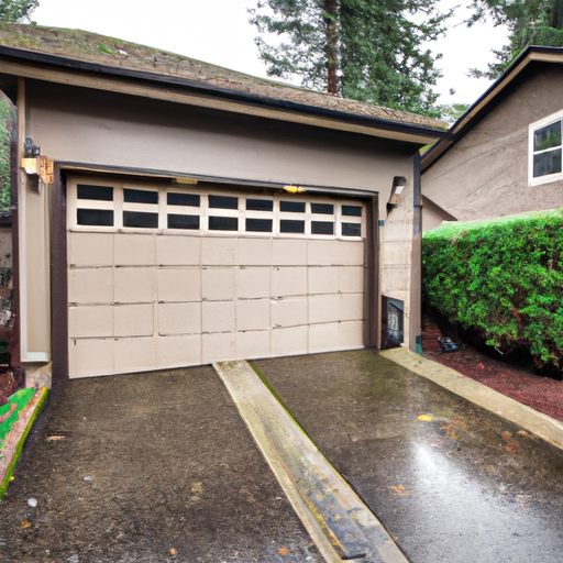Suburban Issaquah garage door with visible opener track on a cloudy, damp day; no people.