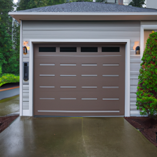 Issaquah suburban home with a closed garage door and smart keypad on the frame, wet driveway and overcast sky.