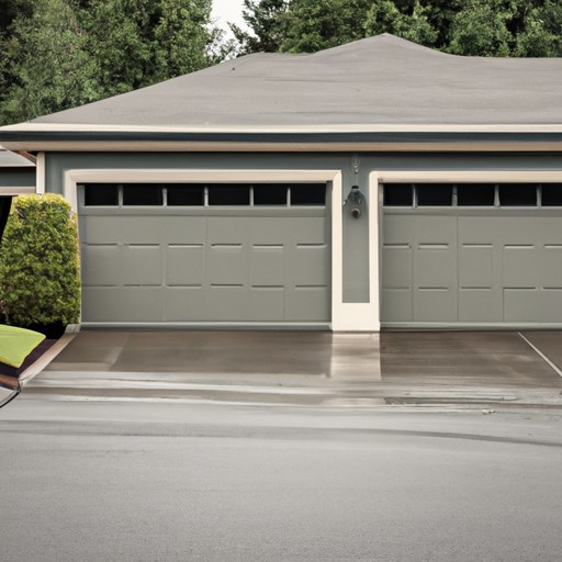Sectional garage door on a residential home in Issaquah, WA on an overcast morning; tracks and weatherseal visible.