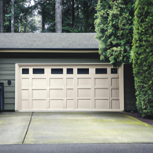 Residential garage door on a wood-frame house in Issaquah with evergreen backdrop and damp driveway.