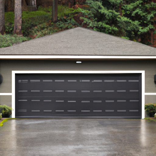 Residential garage door in Issaquah with wet pavement and evergreen backdrop on an overcast day.