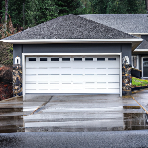 Closed modern sectional garage door on a wet driveway in a suburban Issaquah, WA setting with evergreen backdrop.