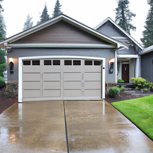 Modern garage door on a suburban Issaquah home with wet pavement and evergreen landscaping, Pacific Northwest setting.