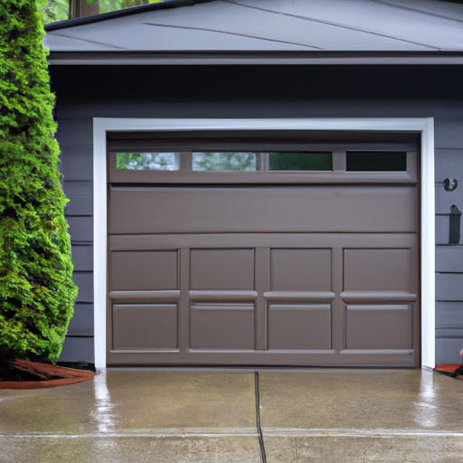 Residential garage door partially open on a wet morning in Issaquah, WA with cedar siding and evergreen backdrop.