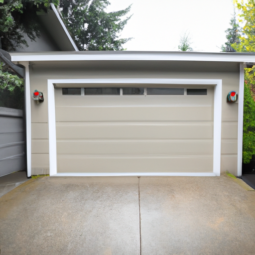 Residential sectional garage door slightly open in an Issaquah neighborhood with evergreen trees and overcast light.
