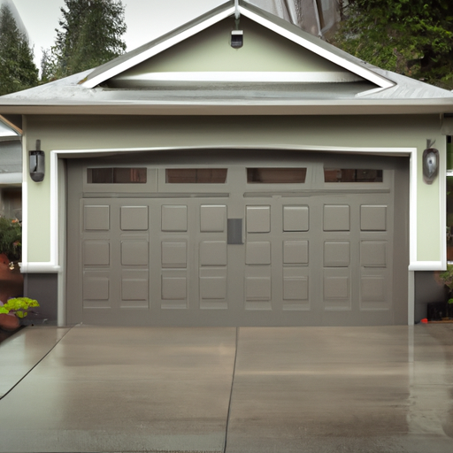 Closed modern garage door on a craftsman home in Issaquah with wet driveway and distant foothills under overcast sky.