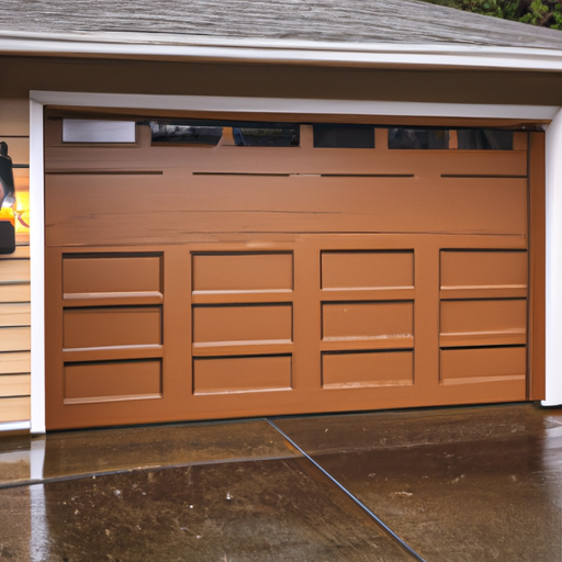 Modern sectional garage door on a wet suburban house in Issaquah, WA, showing panels, track area, and weather seal.