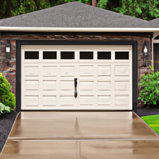 Residential garage door with visible bottom seal and wet driveway in a suburban Issaquah neighborhood on an overcast day