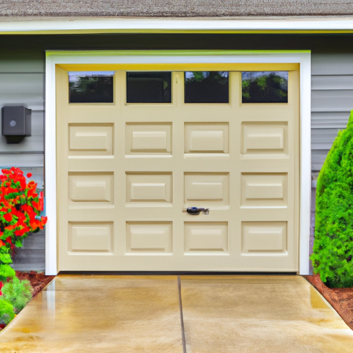 Residential garage door in an Issaquah, WA neighborhood, slightly open showing tracks and hardware, cloudy Pacific Northwest lighting.