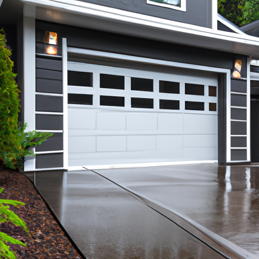 Exterior view of a modern sectional garage door in Issaquah with visible tracks, weatherseal, and wet driveway.