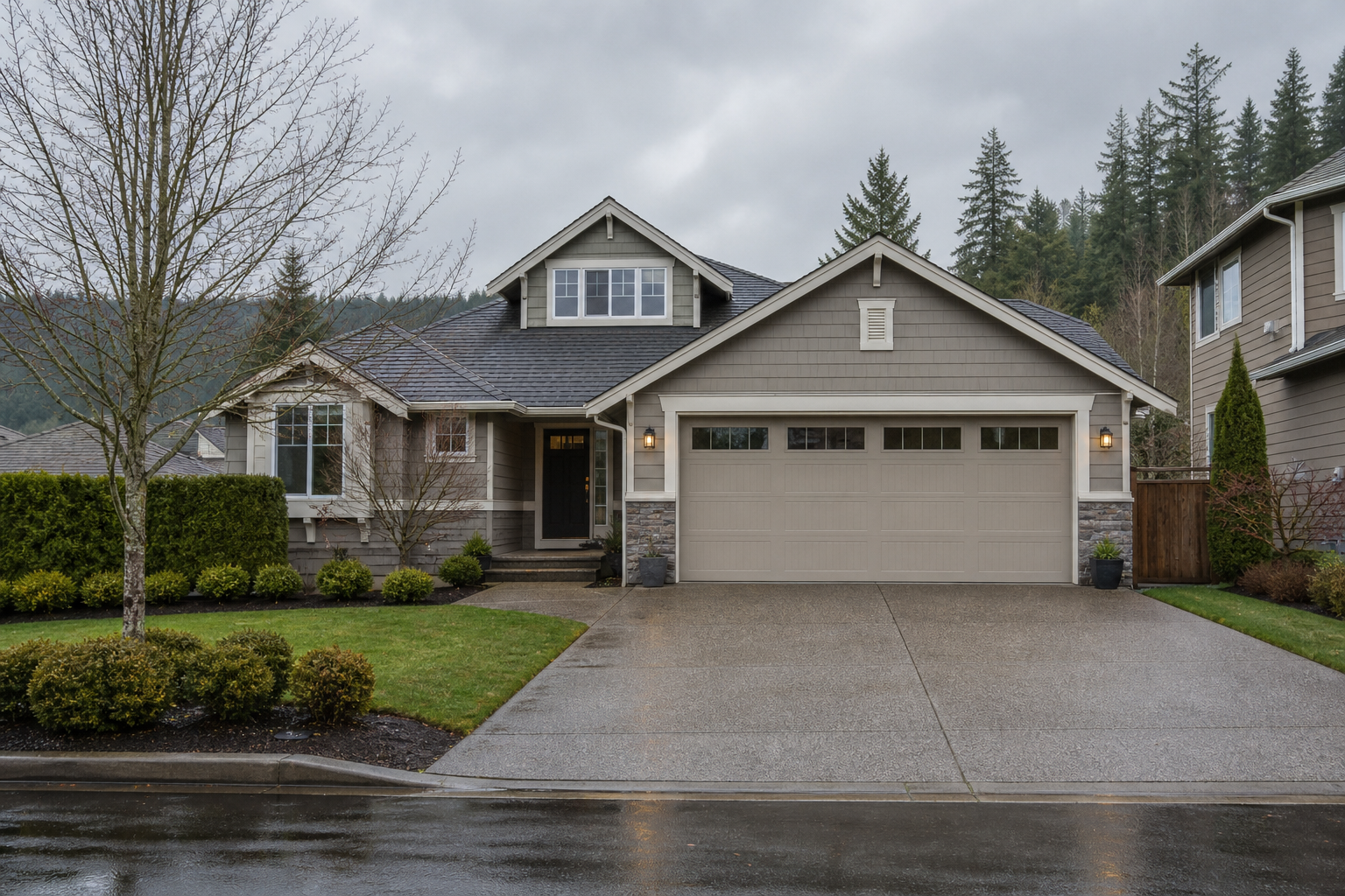 Issaquah home exterior with a visible garage door on a cloudy day